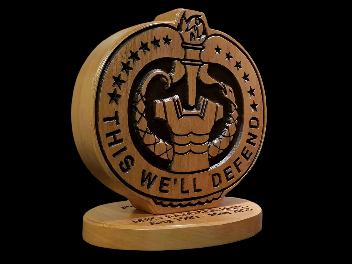 Custom solid wood gift with Army Drill Sergeant badge, double-sided.