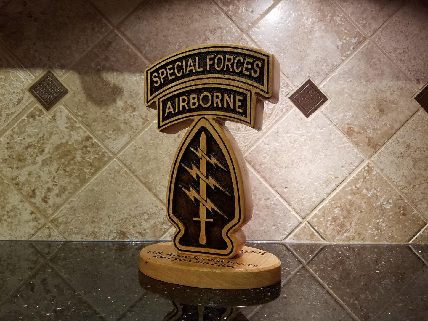 Custom solid wood gift with Army Special Forces logo, double-sided.