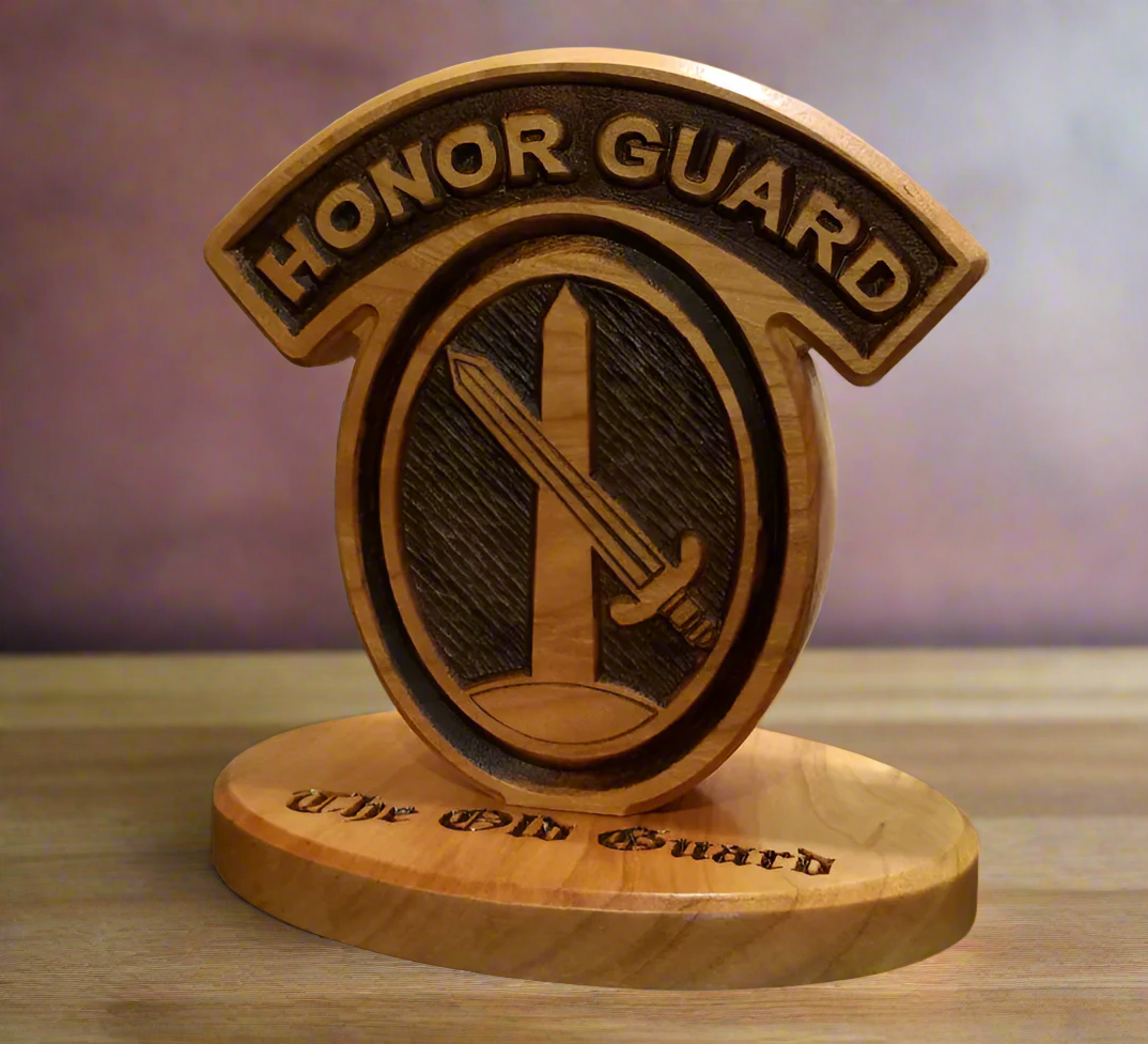 Custom solid wood gift with 3d Infantry Regiment, The Old Guard logo, double-sided.