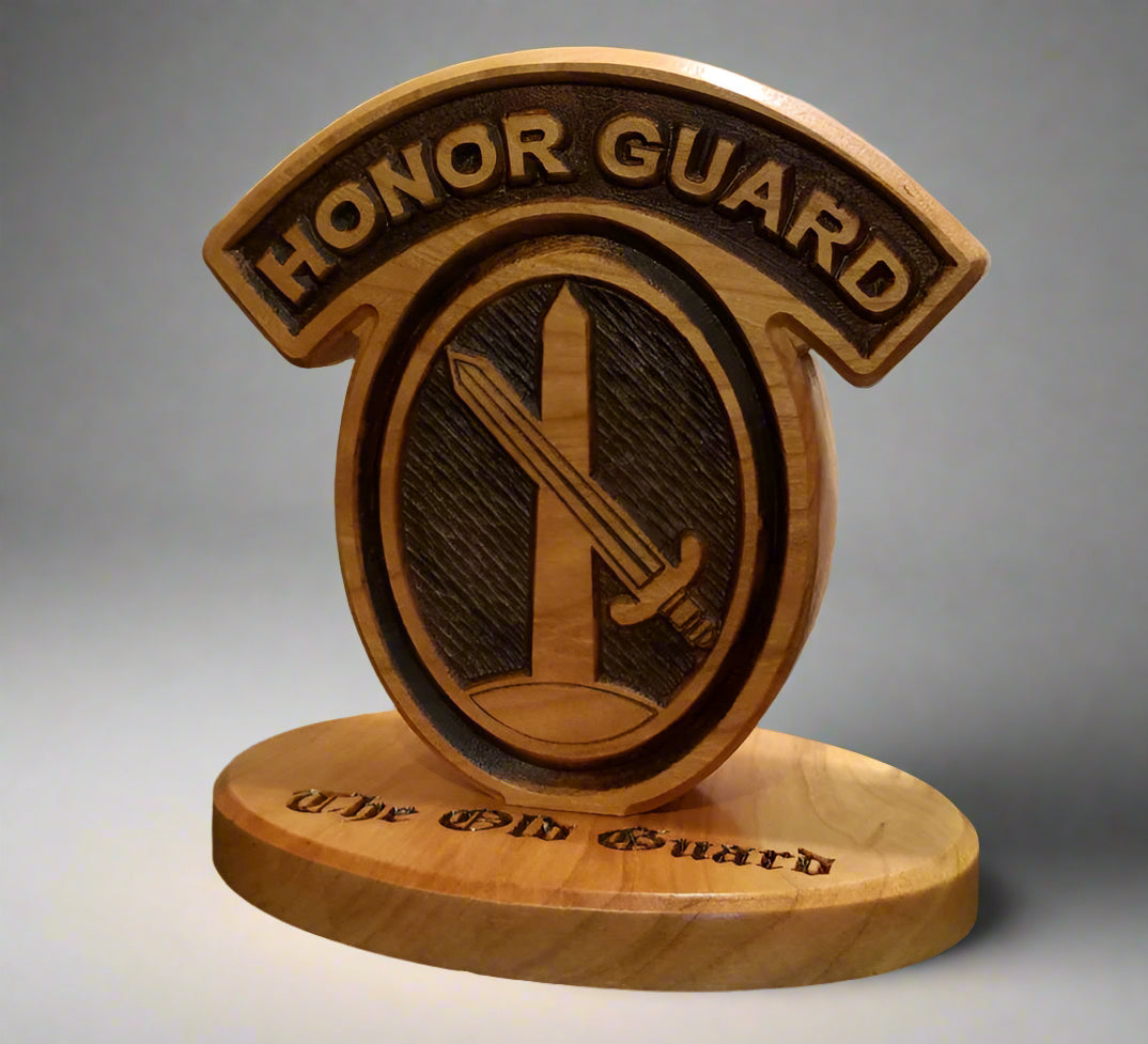 Custom solid wood gift with 3d Infantry Regiment, The Old Guard logo, double-sided.