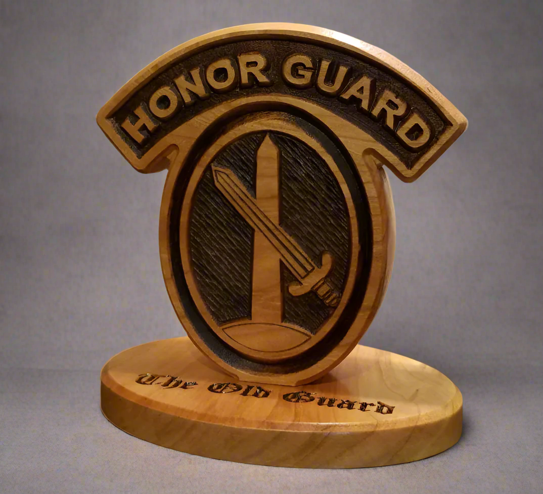 Custom solid wood gift with 3d Infantry Regiment, The Old Guard logo, double-sided.
