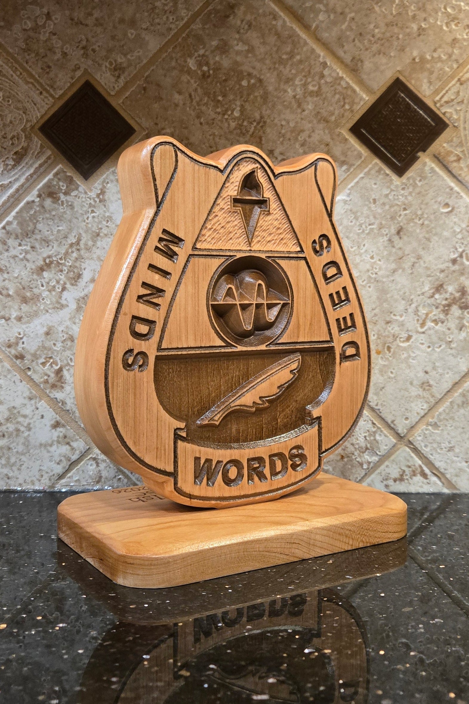 Solid wood, double-sided carving reflecting the 15th Psyop Bn crest.