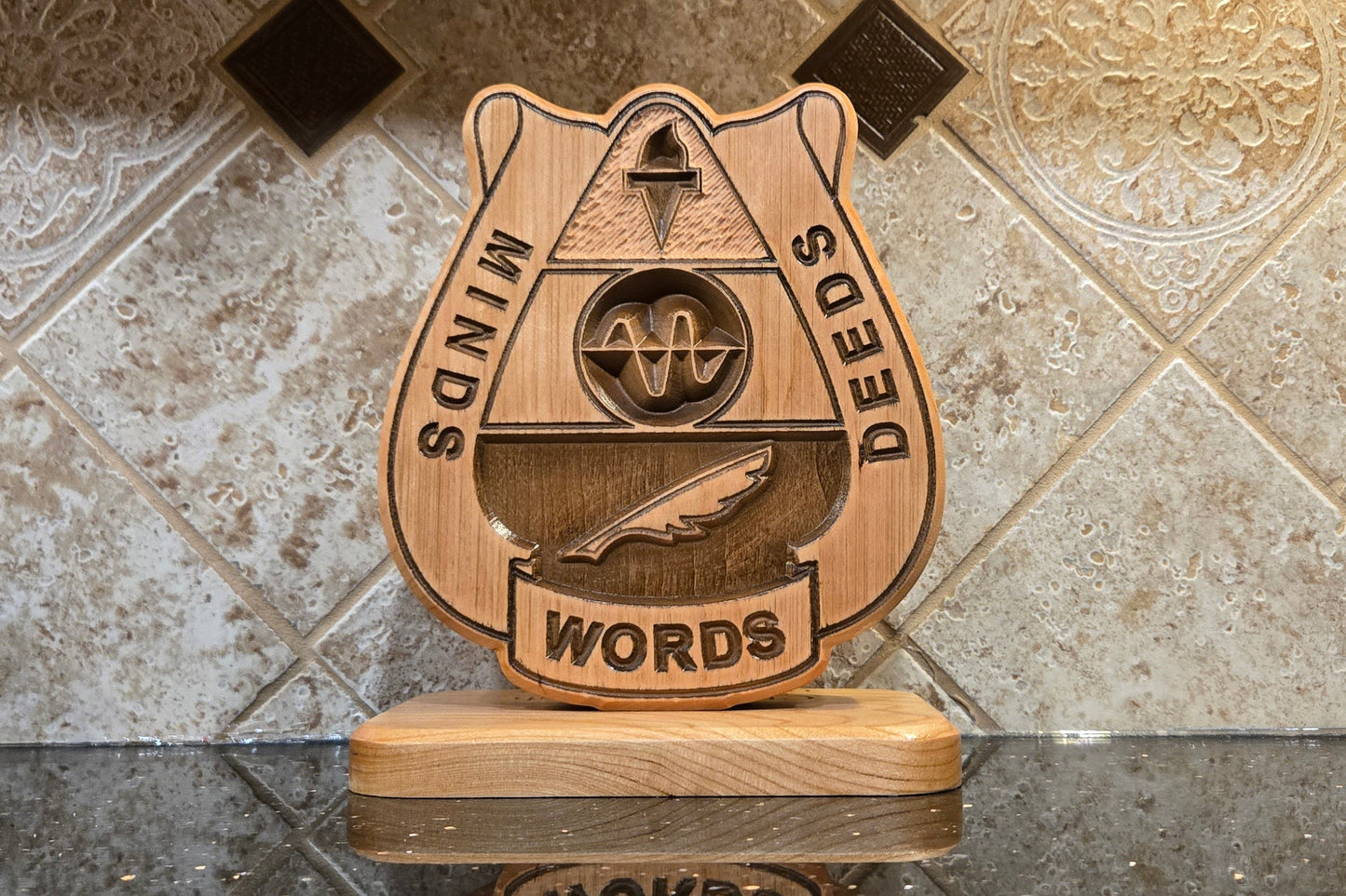 Solid wood, double-sided carving reflecting the 15th Psyop Bn crest.
