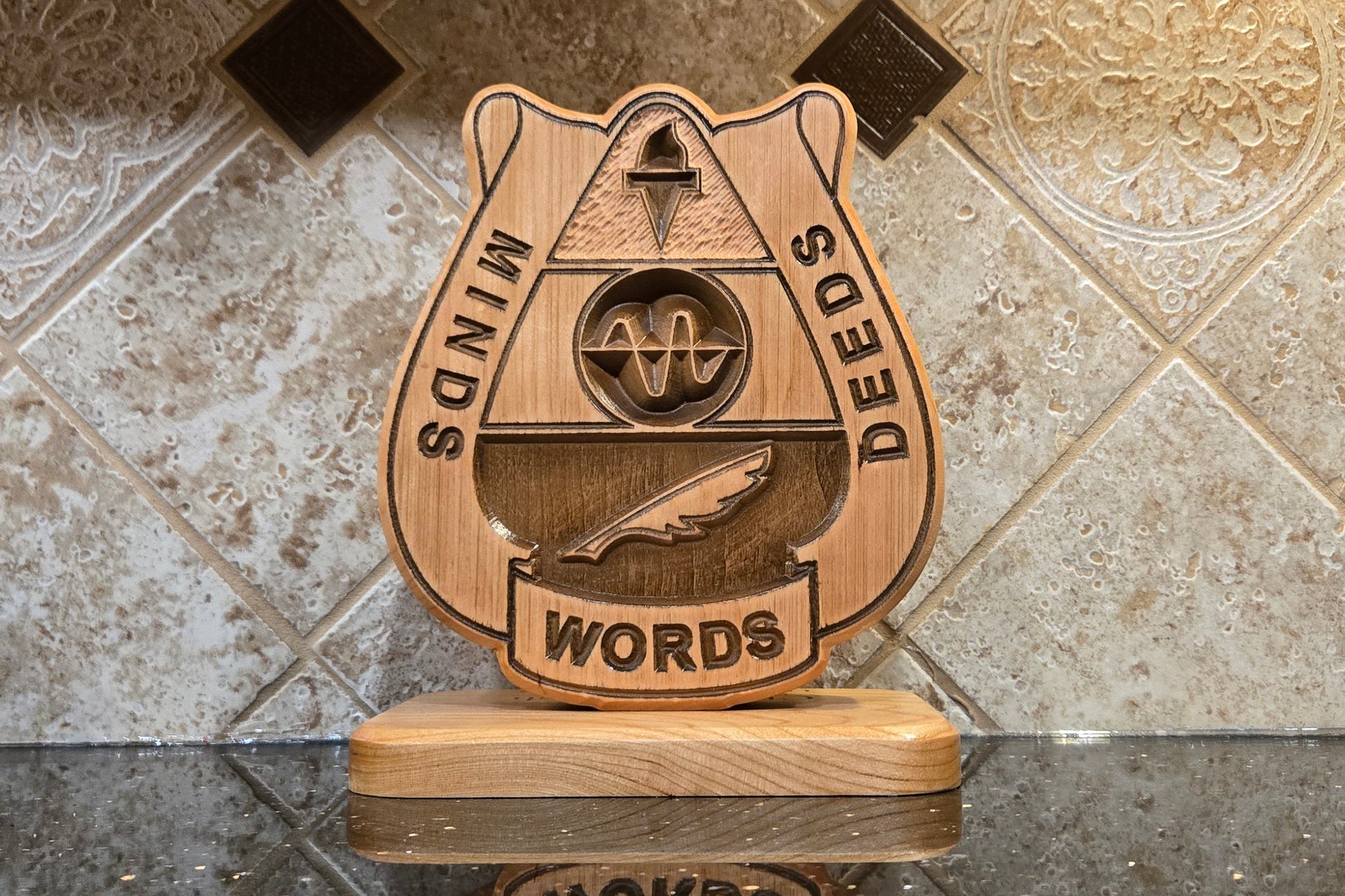 Solid wood, double-sided carving reflecting the 15th Psyop Bn crest.
