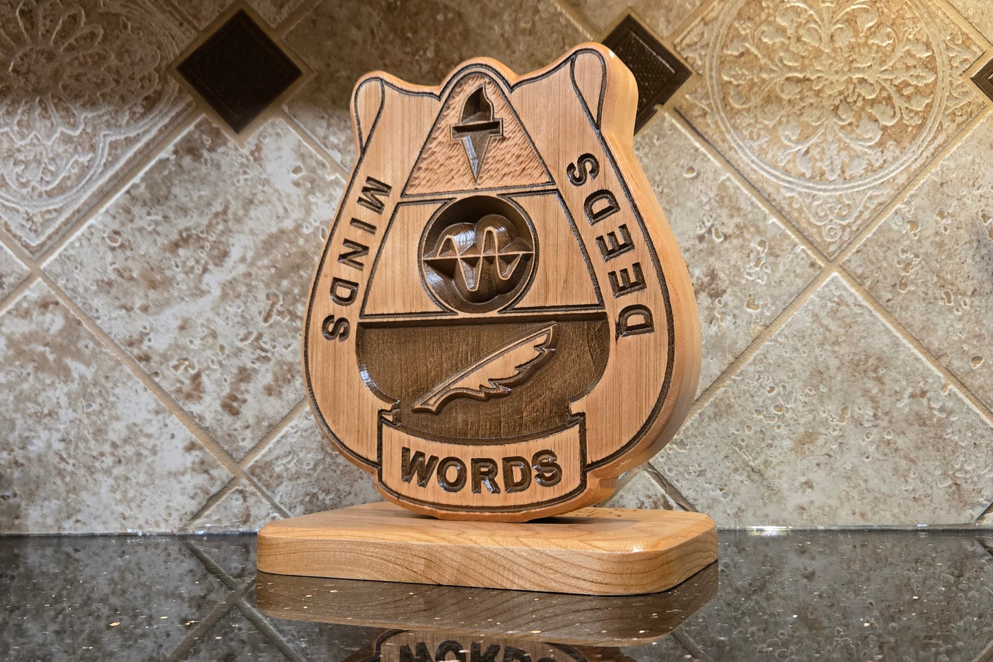Solid wood, double-sided carving reflecting the 15th Psyop Bn crest.
