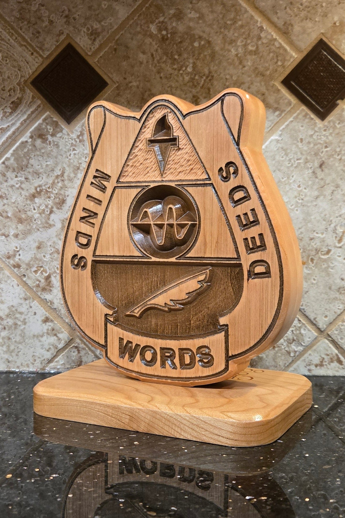 Solid wood, double-sided carving reflecting the 15th Psyop Bn crest.