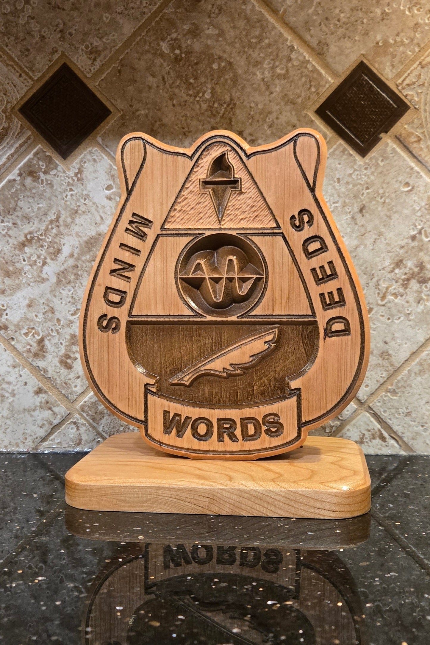 Solid wood, double-sided carving reflecting the 15th Psyop Bn crest.