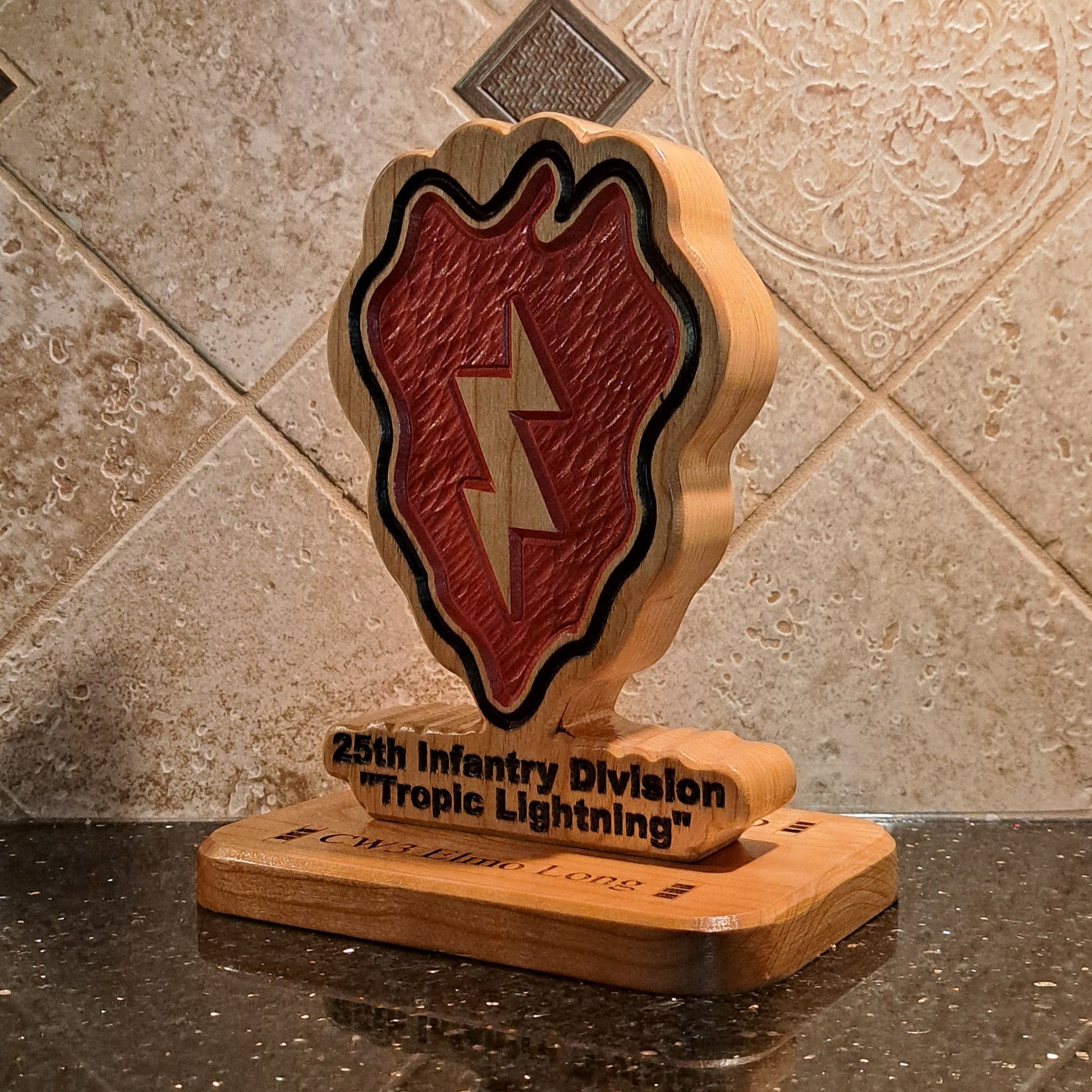 Custom solid wood gift with 25th Infantry Division logo, double-sided.