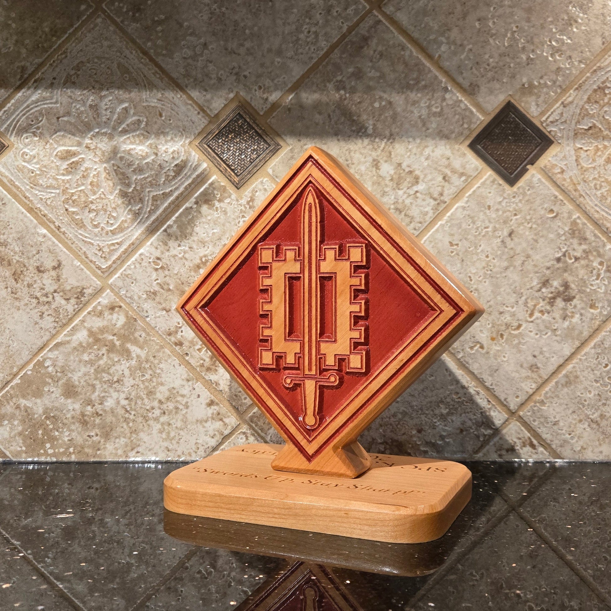 Custom solid wood gift with 18th Engineer Brigade logo, double-sided.