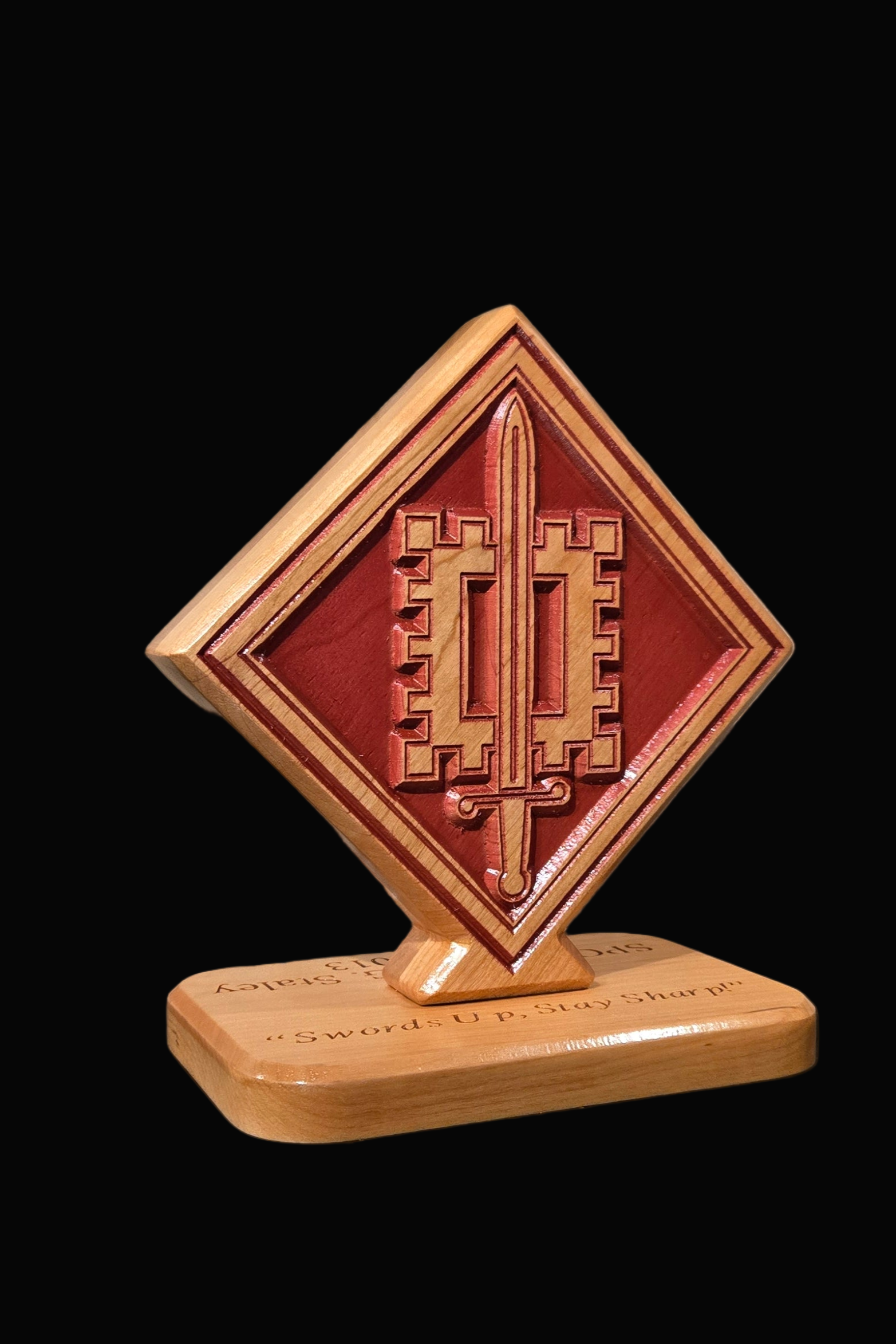 Custom solid wood gift with 18th Engineer Brigade logo, double-sided.