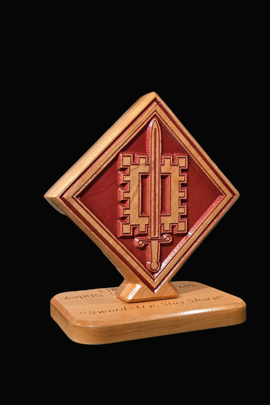 Custom solid wood gift with 18th Engineer Brigade logo, double-sided.