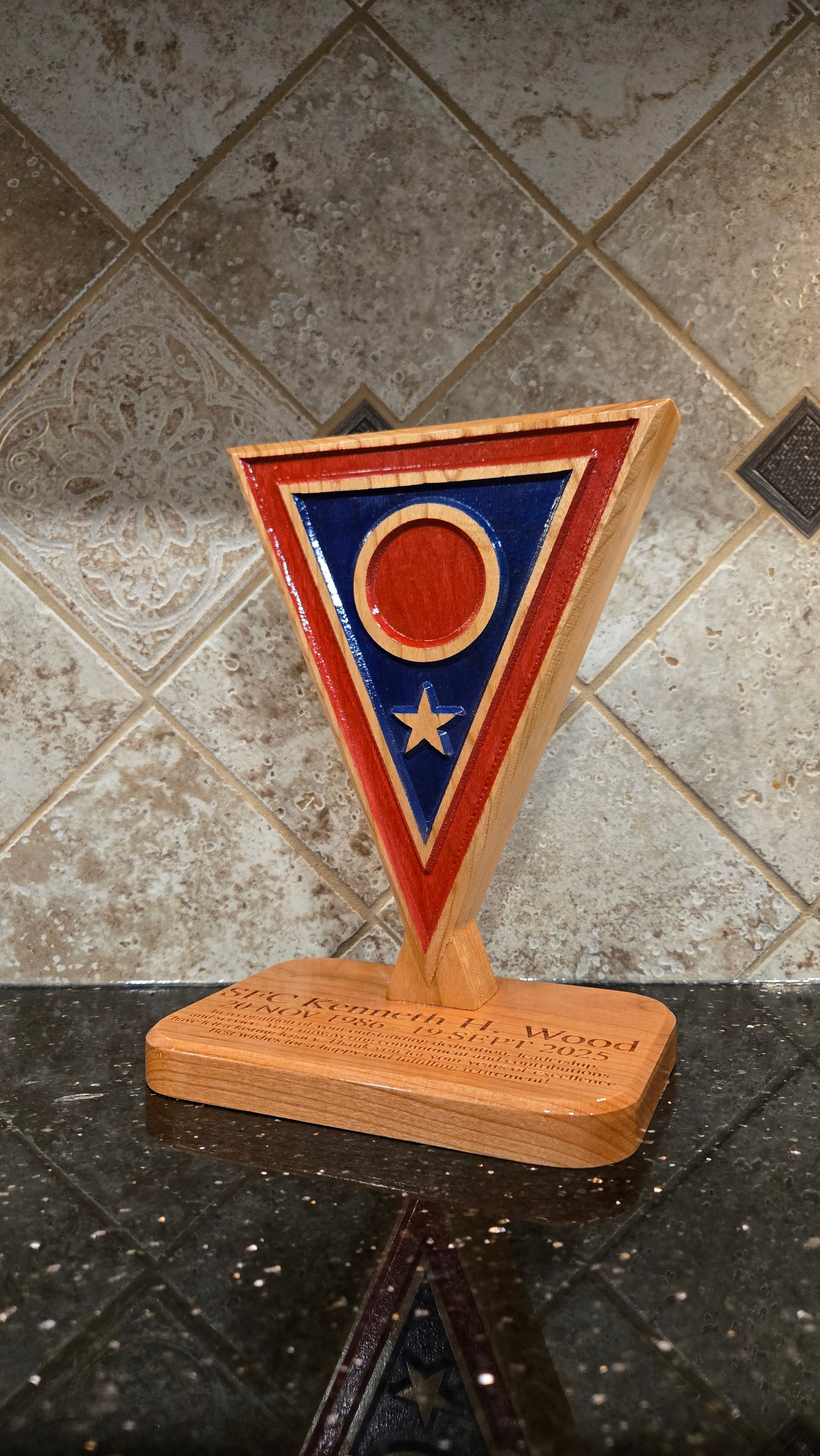 Custom solid wood gift with 73rd Troop Command logo, double-sided.