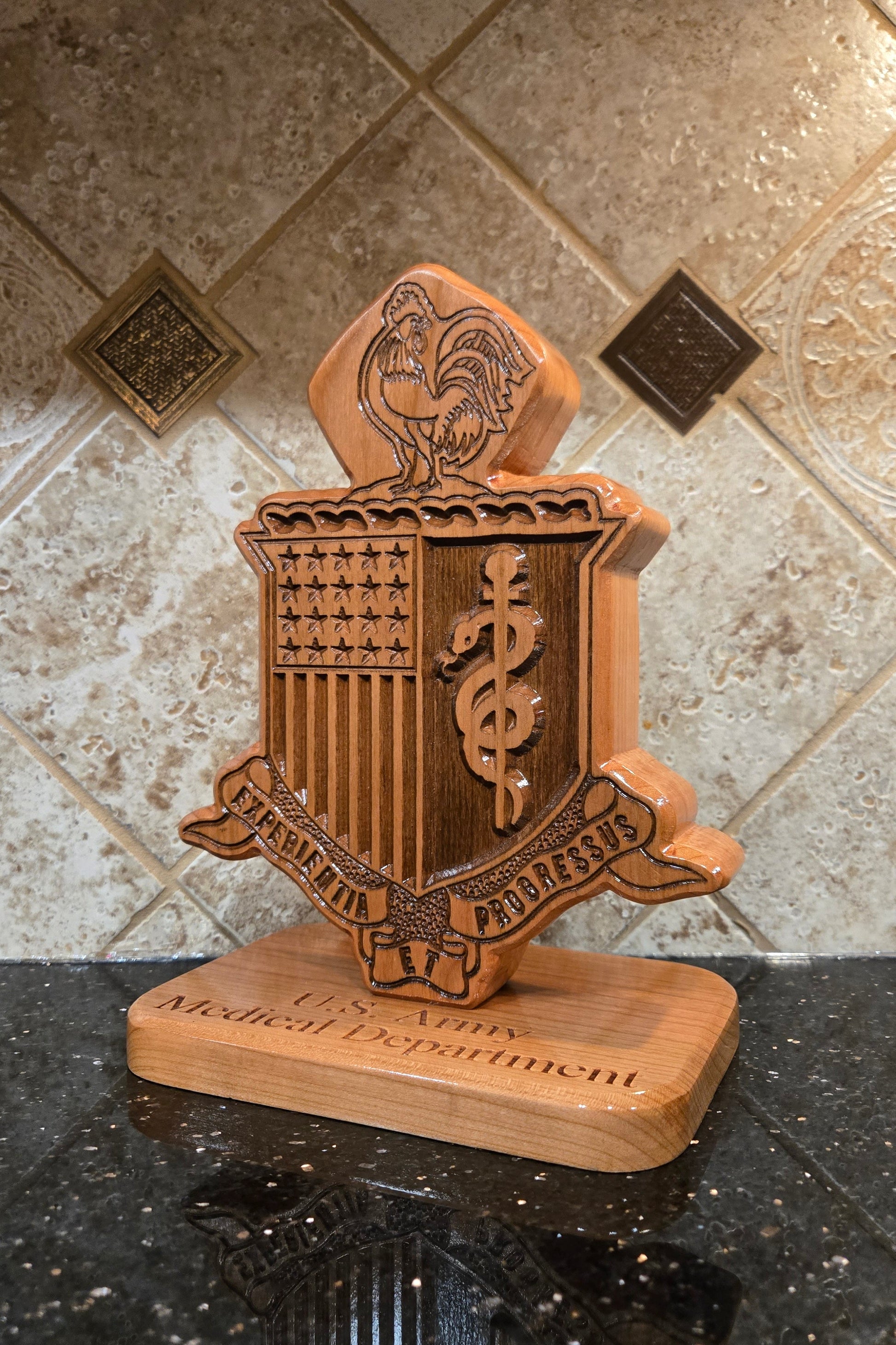 Custom solid wood gift with Army Medical Department AMEDD logo, double-sided.