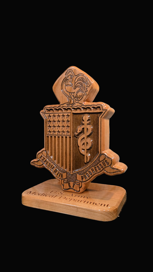 Custom solid wood gift with Army Medical Department AMEDD logo, double-sided.