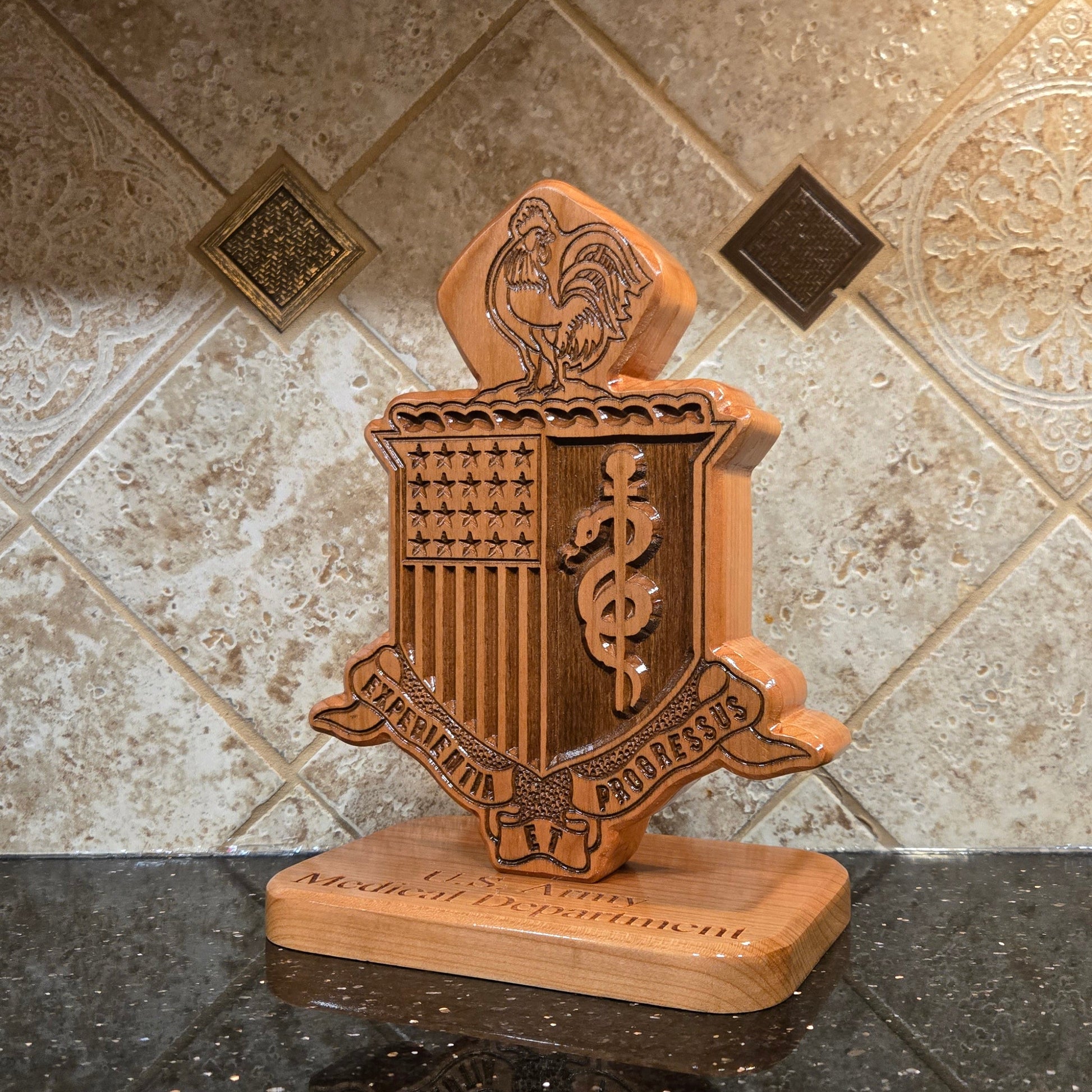 Custom solid wood gift with Army Medical Department AMEDD logo, double-sided.