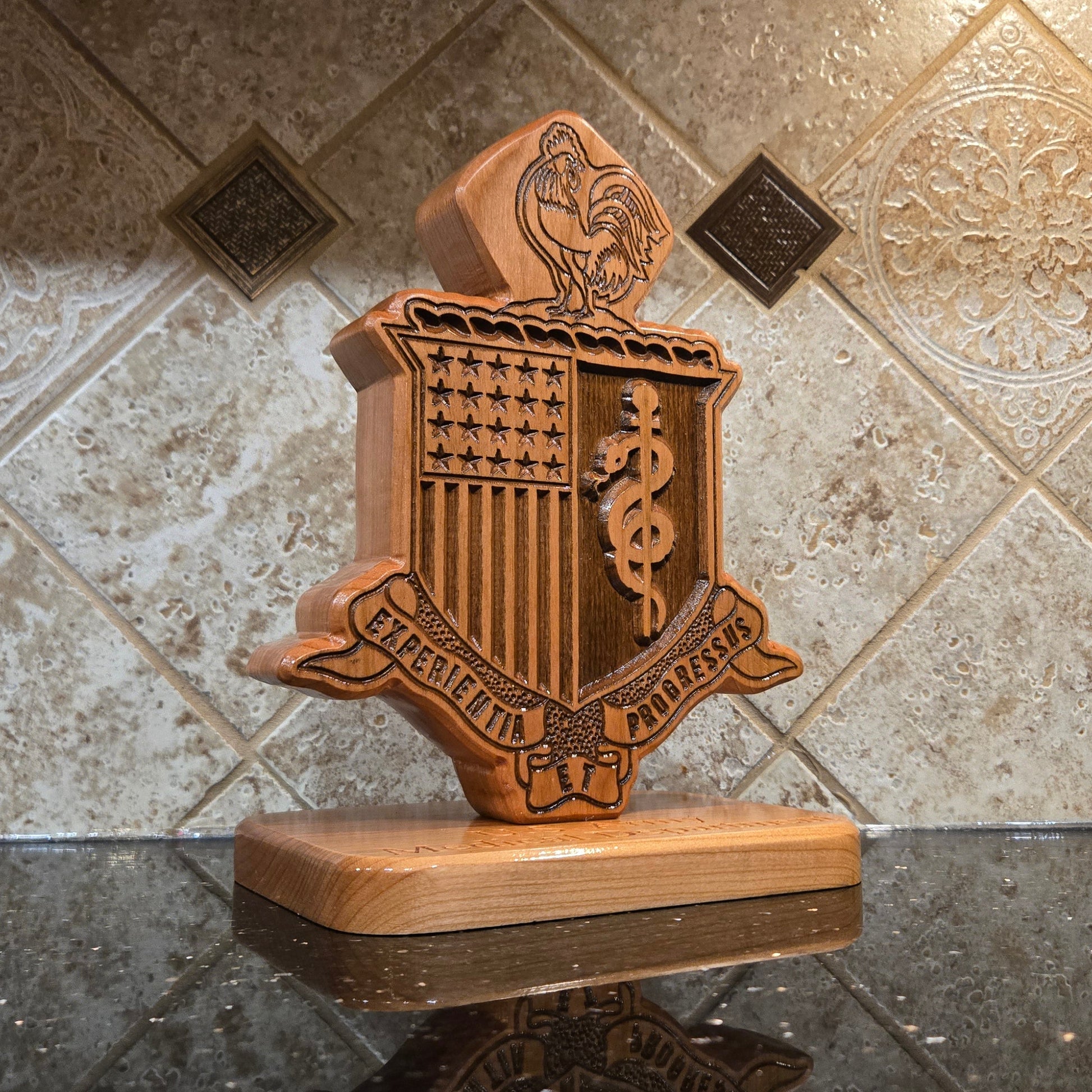 Custom solid wood gift with Army Medical Department AMEDD logo, double-sided.