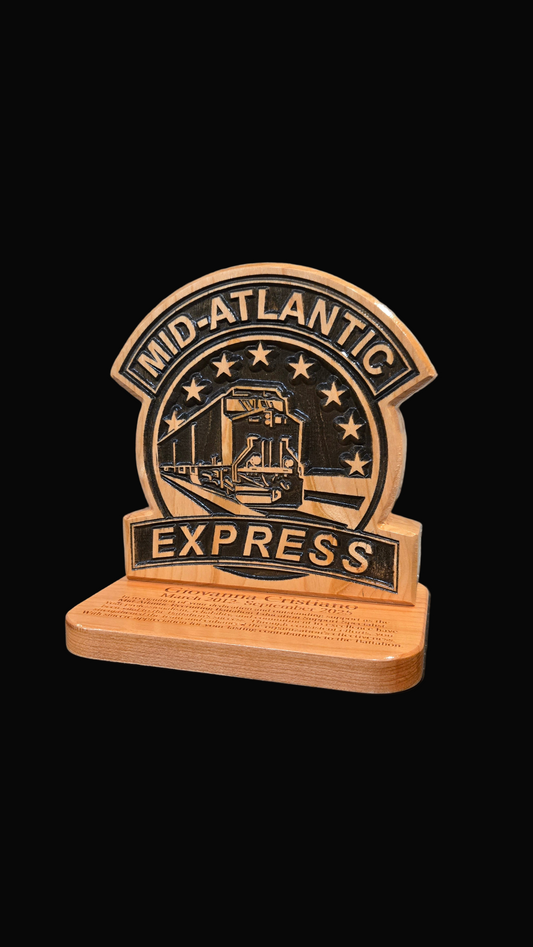 Wooden plaque with 'Mid-Atlantic Express' branding on a black background